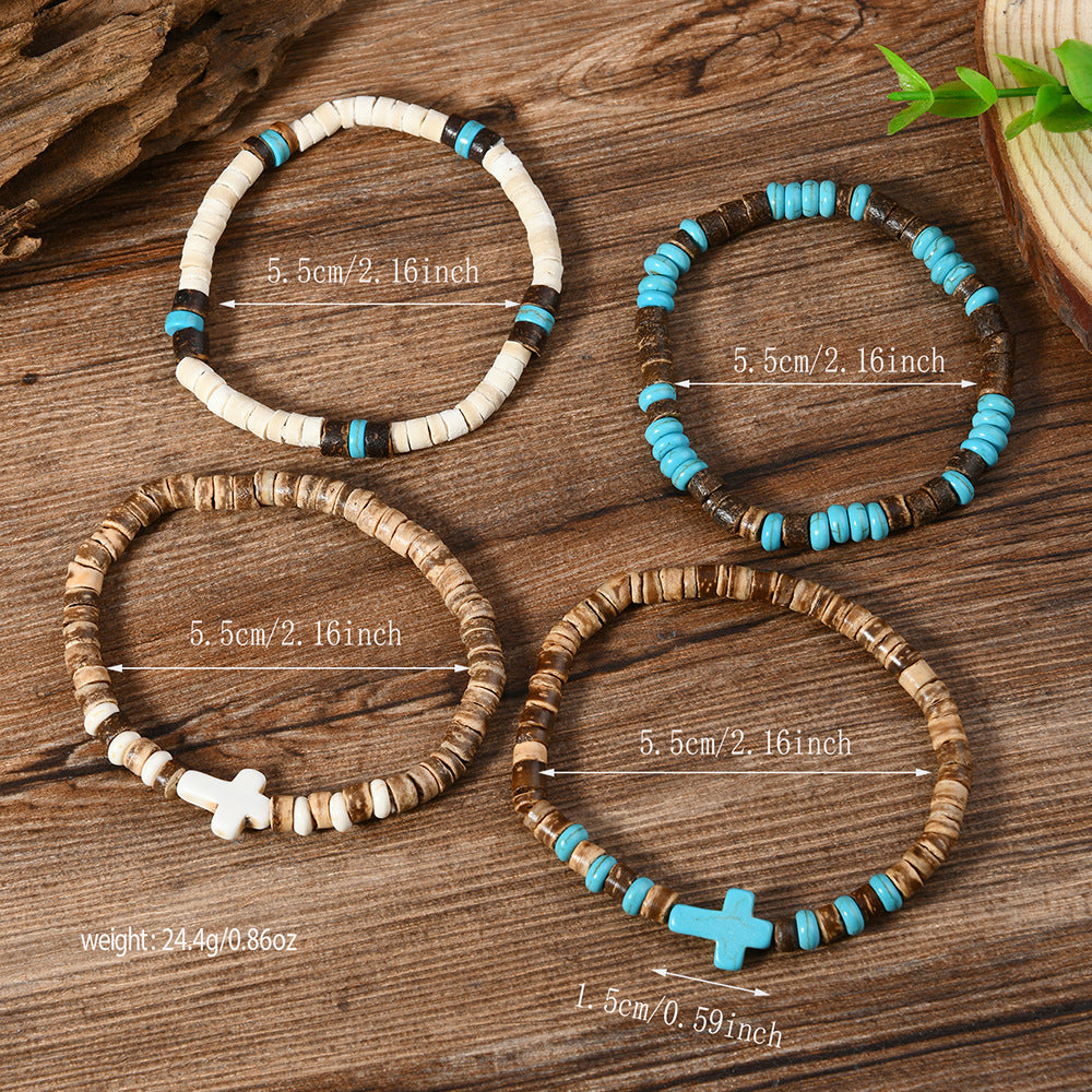 Multilayer Wooden Bead Bracelet with Coconut Shell Cross