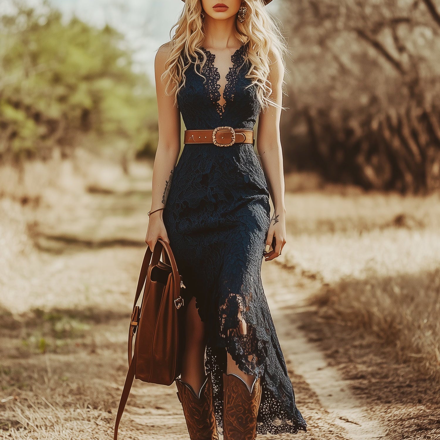Vintage Bohemian Blue Lace Sleeveless Midi Dress