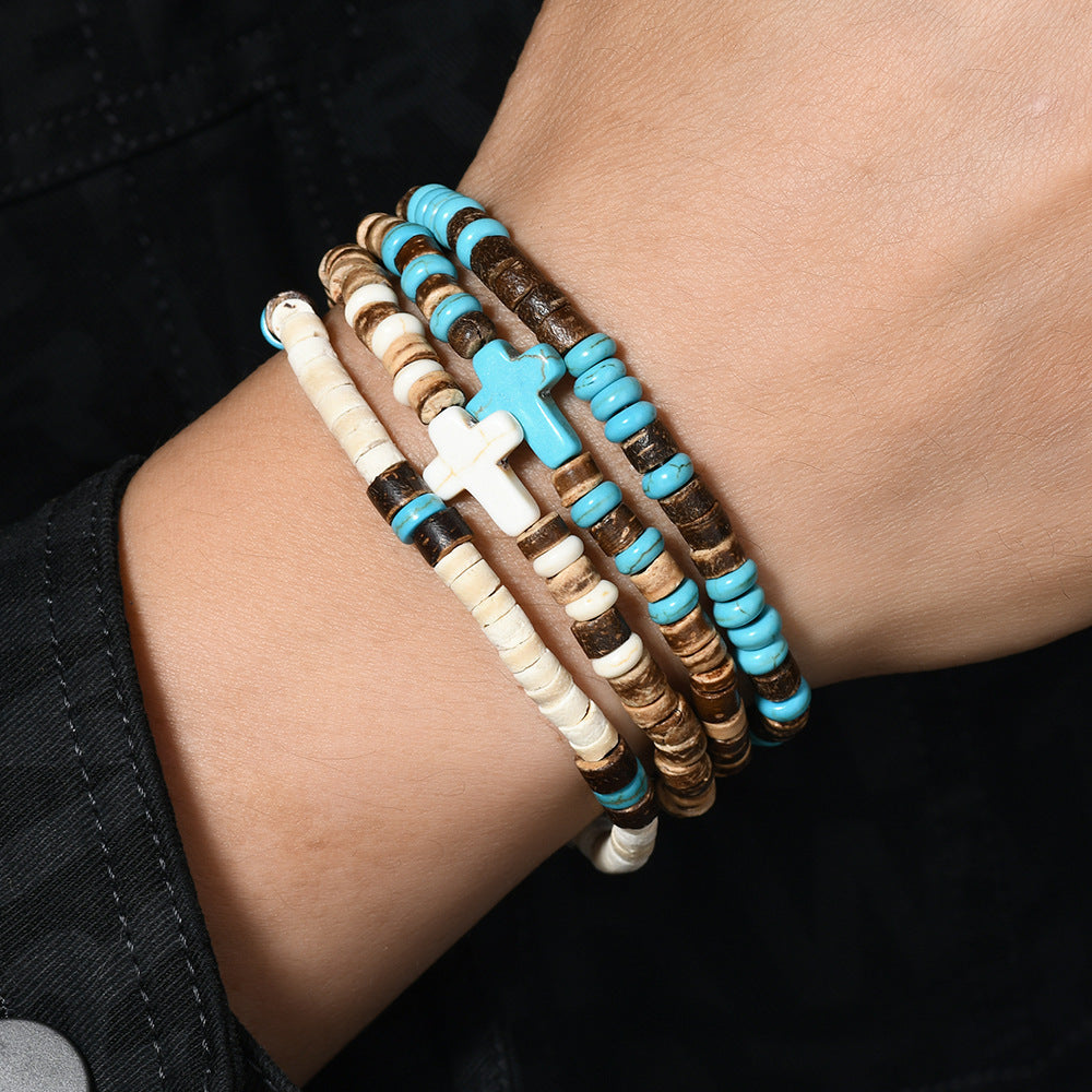 Multilayer Wooden Bead Bracelet with Coconut Shell Cross