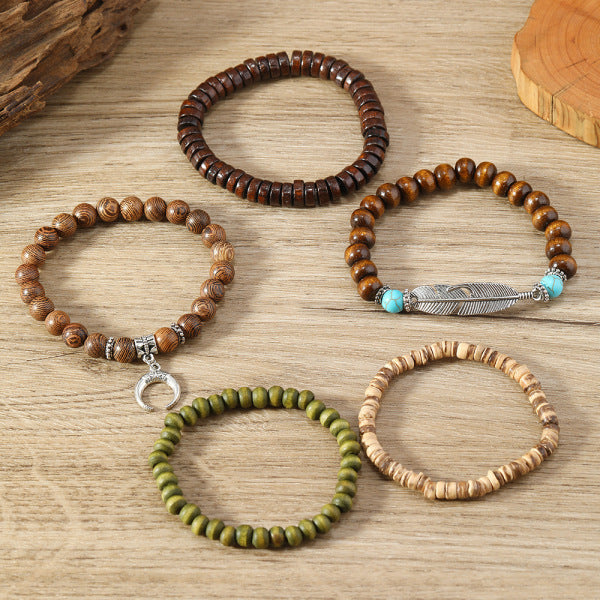 Unisex Simple Fashion Bohemian Style Feather Crescent Wood Beaded Bracelet Hand Jewelry
