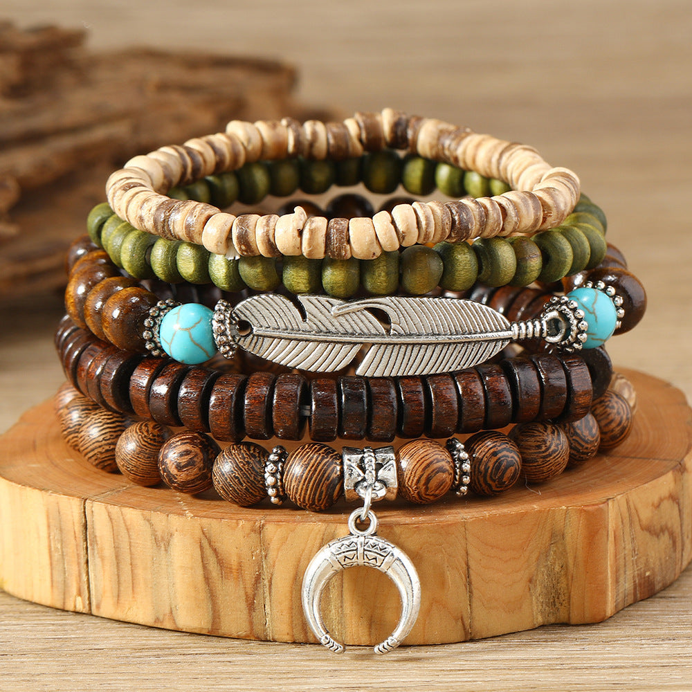 Unisex Simple Fashion Bohemian Style Feather Crescent Wood Beaded Bracelet Hand Jewelry