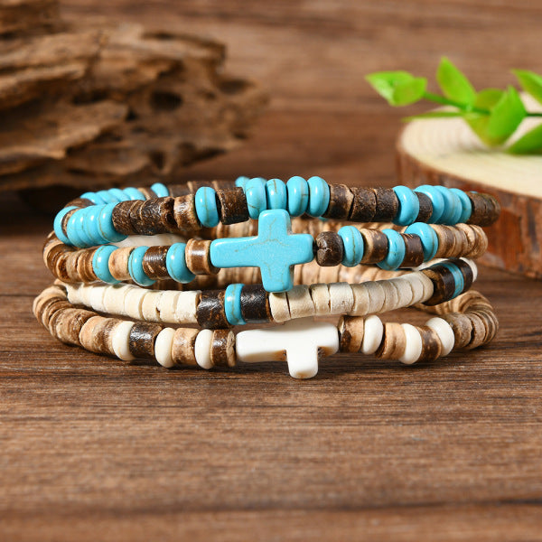 Multilayer Wooden Bead Bracelet with Coconut Shell Cross
