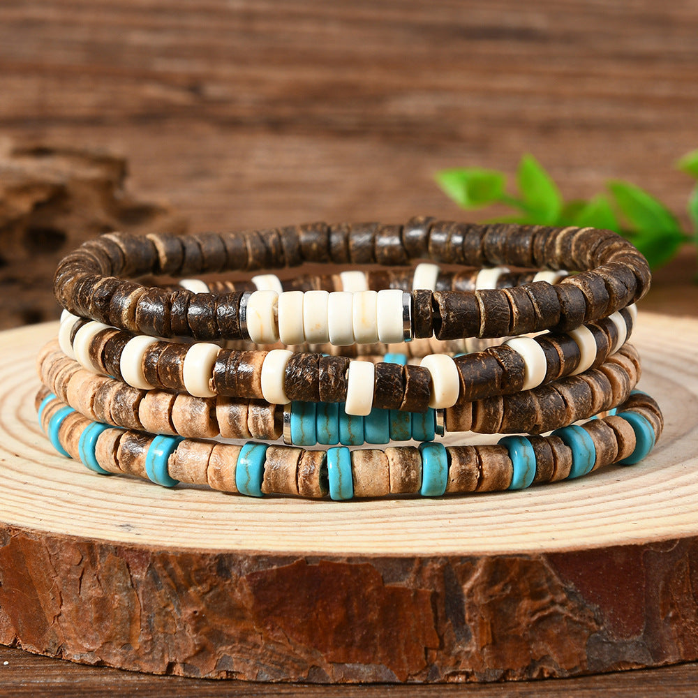 Multilayer Wooden Bead Bracelet with Coconut Shell Cross