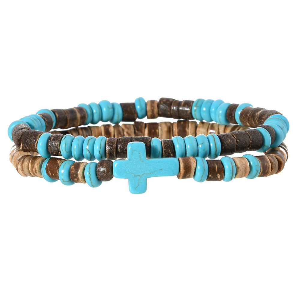 Multilayer Wooden Bead Bracelet with Coconut Shell Cross