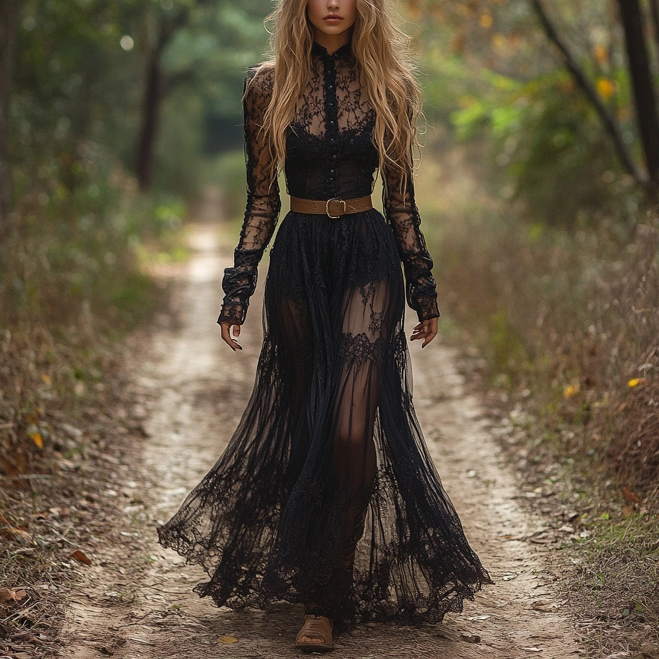 Vintage-Inspired Lace-Up Maxi Dress with Flared Sleeves