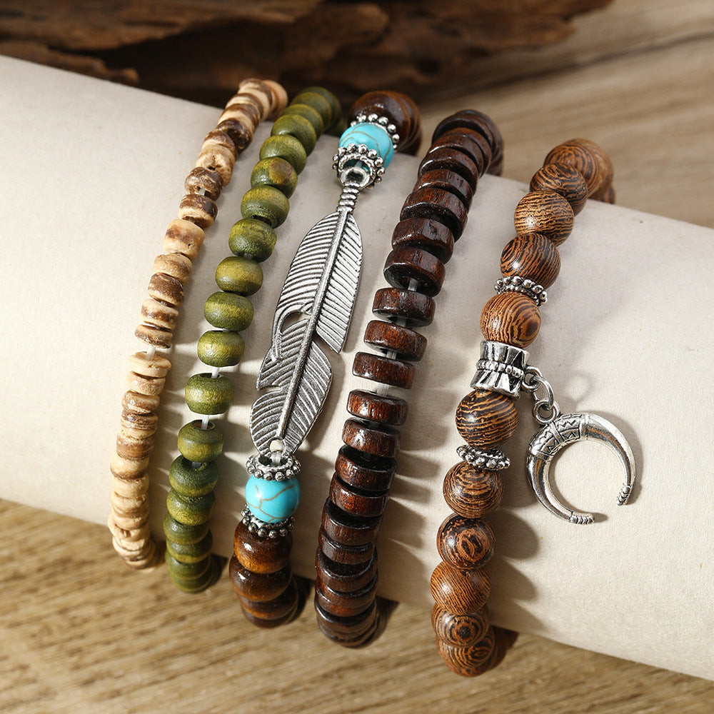 Unisex Simple Fashion Bohemian Style Feather Crescent Wood Beaded Bracelet Hand Jewelry