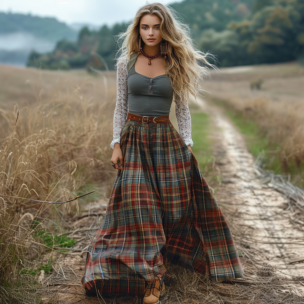 Women's Retro Plaid V-neck Long-sleeved Long Skirt Pastoral Style Dress